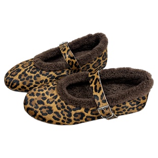 马毛加绒豹纹玛丽珍单鞋女2025冬季羊羔毛浅口配裙子平底芭蕾舞鞋