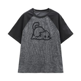 IAmMIX27夏季短袖T恤女宽松复古做旧撞色拼接印花圆领套头上衣女