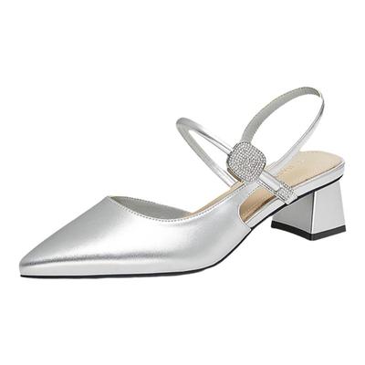 百思图春夏季新款商场同款时髦亮面尖头粗跟后空女凉鞋M1131BH4