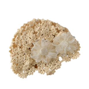 立体珍珠花朵针织帽子女春夏小众设计镂空帽薄款显脸小百搭包头帽