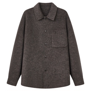 USHI悠时时尚简约纯色翻领双面呢衬衫式短款大衣外套男装春季上衣