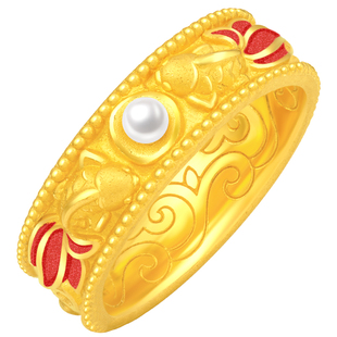 周大福SOINLOVE 双鱼戏珠锦鲤黄金珍珠戒指女VR1289生日礼物