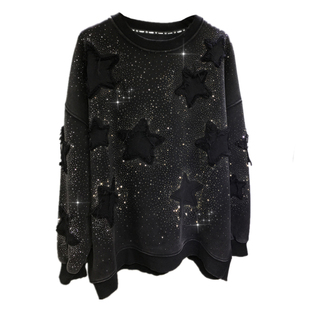 欧货重工卫衣女五星圆领加绒闪亮宽松中长款黑色长袖大版上衣秋冬