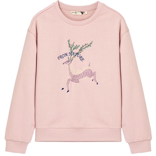 布景卫衣女春季新品简约小鹿字母绣花宽松圆领休闲外套上衣1235