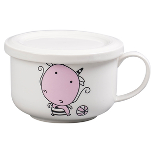 卡通生肖早餐碗燕麦杯带手柄带盖牛奶碗可爱可微波儿童碗杯陶瓷碗