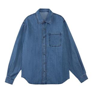 MULVAN 蓝色复古牛仔衬衫女高级感叠穿上衣韩版宽松显瘦衬衣外套