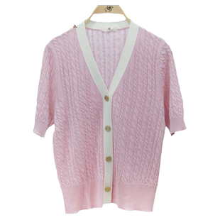 花木马2023春夏新款超细美利奴羊毛麻花针织开衫V领上衣1R17503