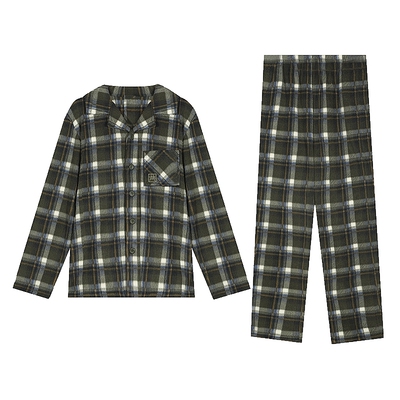 秋鹿摇粒绒格子睡衣外套男款