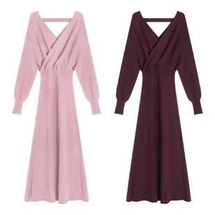 贰羊设计【陌上花开】气质优雅收腰V领毛织连衣裙女修身针织长裙