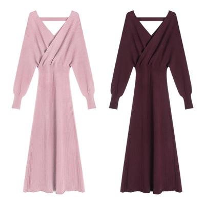 贰羊设计【陌上花开】气质优雅收腰V领毛织连衣裙女修身针织长裙