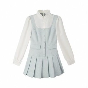 织物猪 蓝白月光 千金感斗篷披肩连衣裙套装女秋冬小香风长袖短裙
