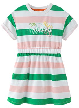 [Vauva]女童连衣裙绿色条纹2026夏新款小女孩透气薄款纯棉裙子