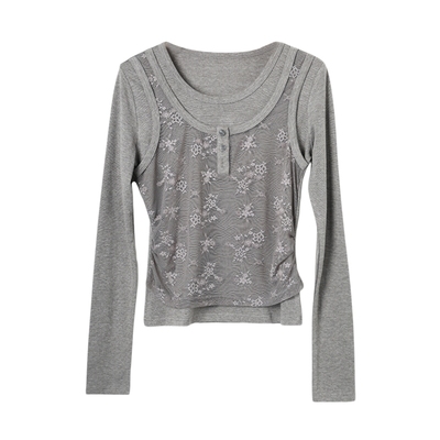 西町村屋法式蕾丝假两件打底衫女