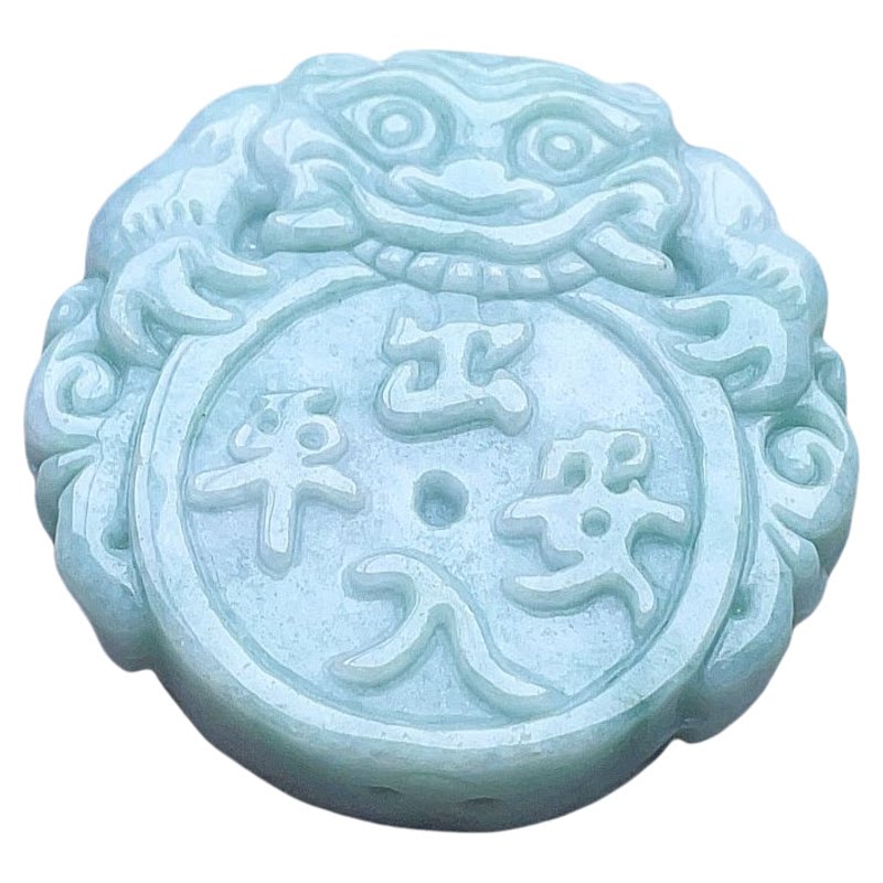 天然翡翠厚装狮子车挂件淡绿吉祥