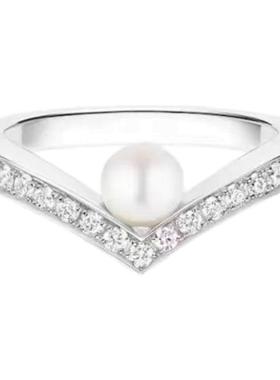 莫桑石天然淡水珍珠V字戒指