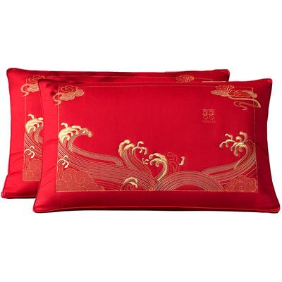 水星家纺全棉抗菌刺绣婚庆蚕丝纤柔对枕喜庆大红结婚枕头床上用品