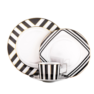北欧创意轻奢餐具套装牛排盘家用菜碟盘餐盘盘子黑白条金边西餐盘