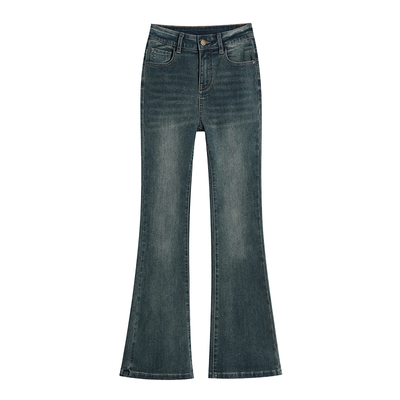 加绒微喇牛仔裤女高腰修身喇叭裤