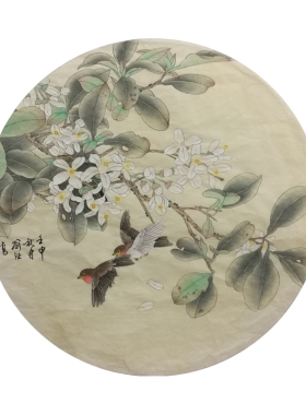 优质秋菊双雀扇面工笔画白描底稿
