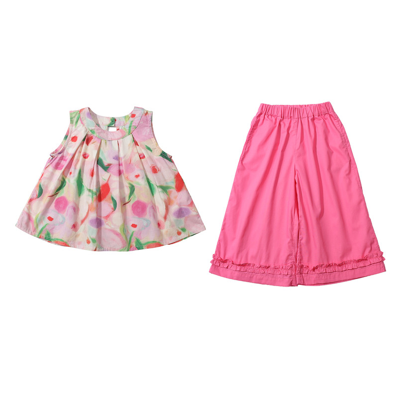 女童2026新款夏装洋气印花蝴蝶结上衣木耳边阔腿裤套装女宝春夏季