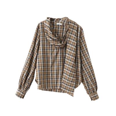 CHENXIAN不对称飘带领格纹小衫