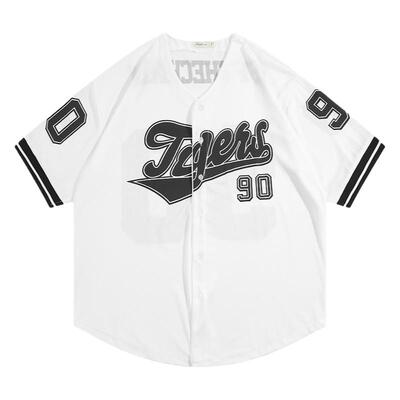 BOYUE帛跃字母棒球服衬衫夏季运动V领宽松青少年潮男ins短袖衬衣