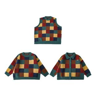 幼悠男童魔方色块芝麻点提花休闲复古宽松毛衣冬季新款儿童针织衫