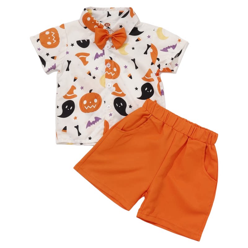 BABY HALLOWEEN万圣节男宝宝南瓜幽灵印花短袖衬衫休闲短裤 套装