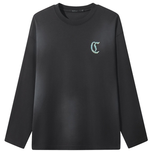 【涂鸦logo】卡宾落肩袖宽松圆领卫衣男春季新款褪色做旧长T