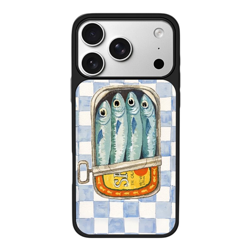 蓝白格子底水彩沙丁鱼罐头手绘适用于苹果17promax新款手机壳iPhone air/16pro/15plus14玻璃13pro手机套冰感
