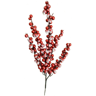 仿真红果插枝外贸原单圣诞节装饰品金属感浆果红豆枝落雪装饰酱果