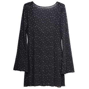 ohmyloli 黑色网纱露背套头复古彩色闪片喇叭袖派对约会连衣裙