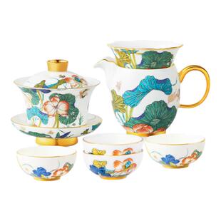 国瓷永丰源国瓷正品幸福和鸣9头茶具套装陶瓷盖碗功夫茶杯