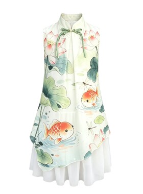 夏季女童无袖锦鲤旗袍连衣裙