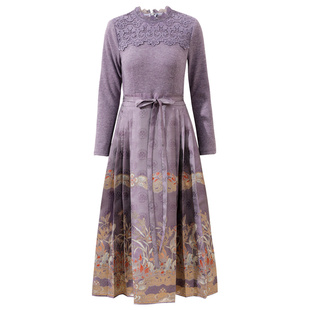 未风紫色新中式国风马面裙女秋冬2025冬季新款针织连衣裙长袖裙子