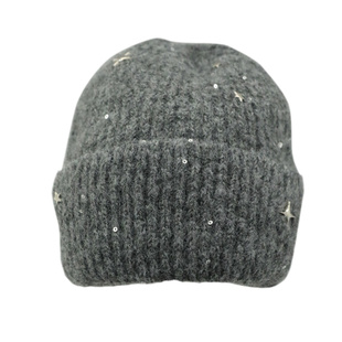 含羊毛星星灰色保暖毛线帽子女冬季大头围加厚护耳帽显脸小针织帽