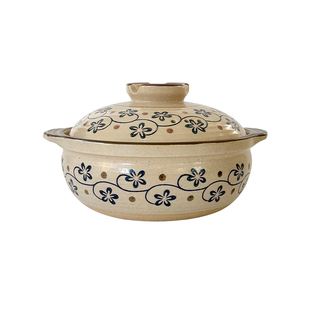 万土烧蓝藤蔓 粗陶土锅家用砂锅煲汤炖肉煮粥陶瓷煲仔饭 高温不裂