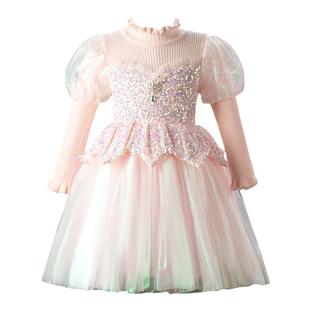 爱莎公主裙女童秋冬新款冰雪奇缘生日针织小女孩儿童粉色艾莎裙子