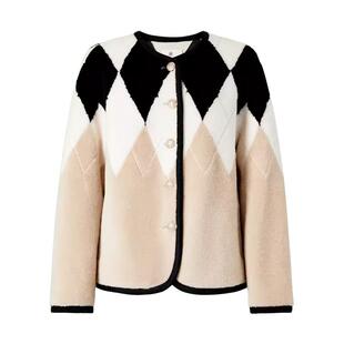 MOISSAC摩萨克冬绵羊毛100卡其色菱格纹简约外套女
