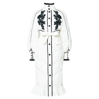 2025冬季新款时尚复古撞色贴花设计感系带收腰中长款加厚羽绒服女