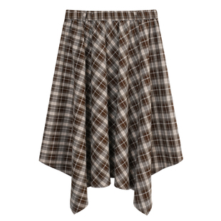 YUZI鱼子咖色格纹半身裙长款英伦复古不规则百搭遮肉显瘦大码女装