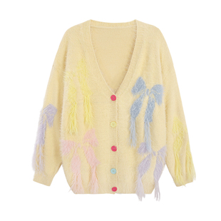 【明星同款】UNIFREE黄色v领针织开衫蝴蝶结宽松保暖软糯毛衣外套