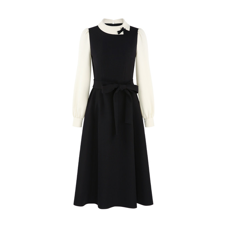 Palglg法式千金风拼接长款黑色连衣裙女冬季赫本风收腰长裙小黑裙