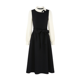 Palglg法式千金风拼接长款黑色连衣裙女冬季赫本风收腰长裙小黑裙