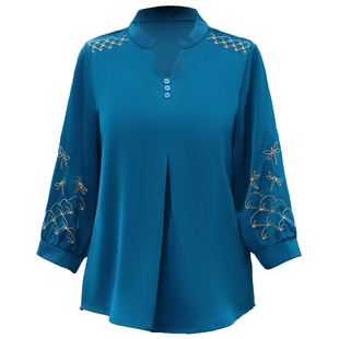 母亲节桑蚕丝妈妈夏装套装新款洋气小衫大码上衣中年衣服真丝衬衫