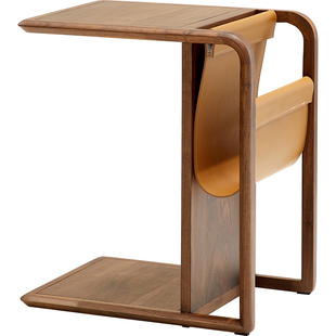 意式轻奢北美黑胡桃木沙发边几c型角几客厅实木可移动小茶几带轮