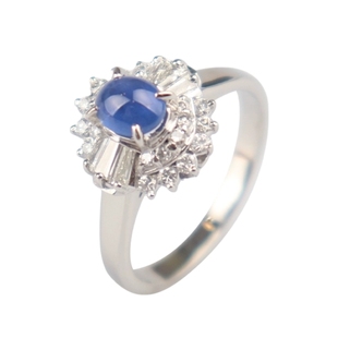 中古95新日本进口商品凸圆形切工星光蓝宝石钻石戒指铂金90058号