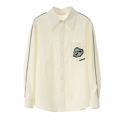 SOMSOM/索玛竖条纹衬衫女秋冬黑色徽章装饰商务休闲打底长袖衬衣