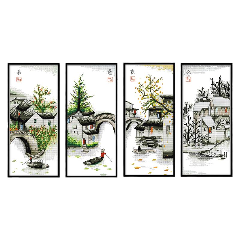 江南水乡十字绣四联画春夏秋冬四季风景手工刺绣画2026新款绣印花