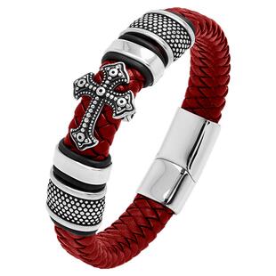 原创马年本命年十字架转运红绳男款钛钢皮质手链护身保平安去霉运